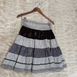 Vintage free people silver lace and velvet banded aline skirt boho smocked waist